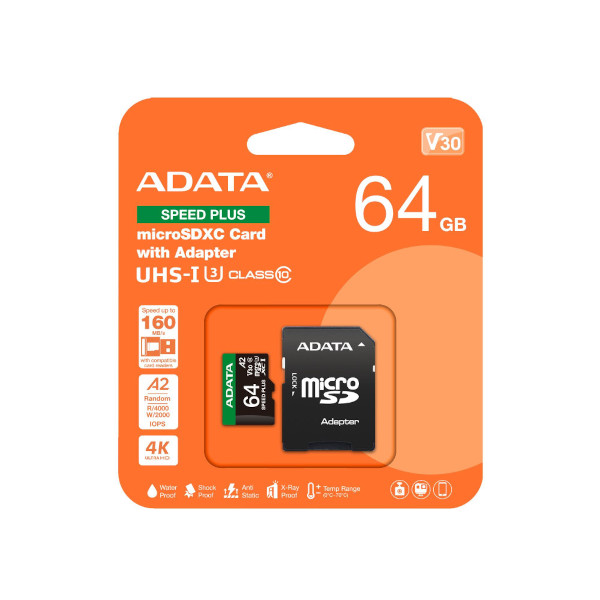 ADATA microSD U3, V30, 160/140MBs, 64GB