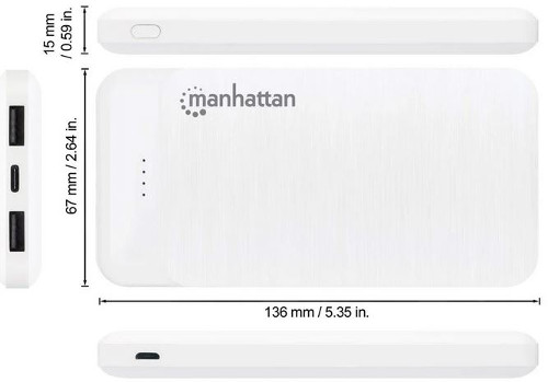 Manhattan powerbank 10000mAh,USB-C,microUSB-A,bije