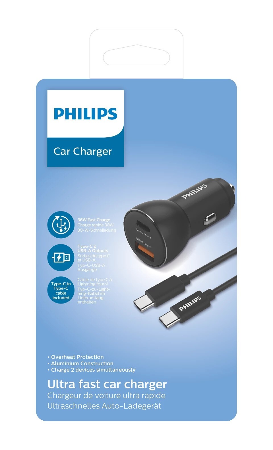 Philips auto punjač, USB-A/USB-C, 36W + kabel