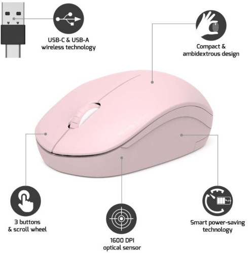 Port miš OFFICE bežični USB-A/USB-C, roza