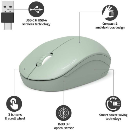 Port miš OFFICE WL USB-A/C, bežični, zelen